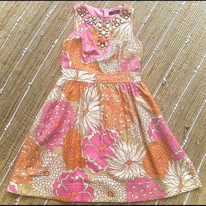 Floral A- Line summer dress w/ jeweled neckline.
